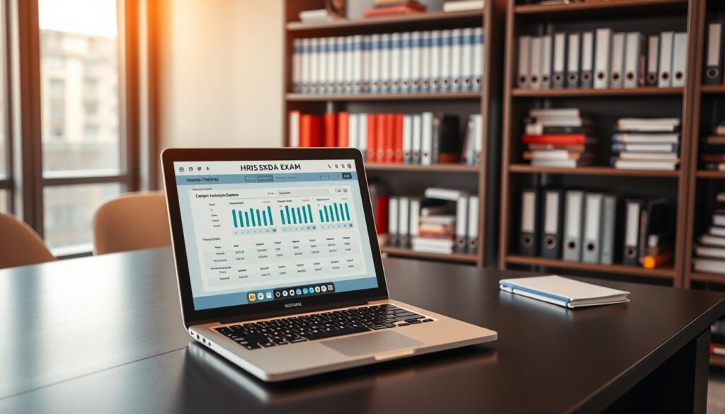 A sleek, modern office setting with a desk featuring the HRIS-SKDA logo prominently displayed. On the desk, an open laptop shows an insurance licensing exam preparation interface, complete with progress bars, study materials, and practice questions. Surrounding the desk, shelves filled with reference books and binders, conveying a sense of comprehensive educational resources. Warm, directional lighting illuminates the scene, creating a focused, productive atmosphere. The composition emphasizes the importance of thorough preparation for insurance licensing exams, as part of a comprehensive insurance education experience.