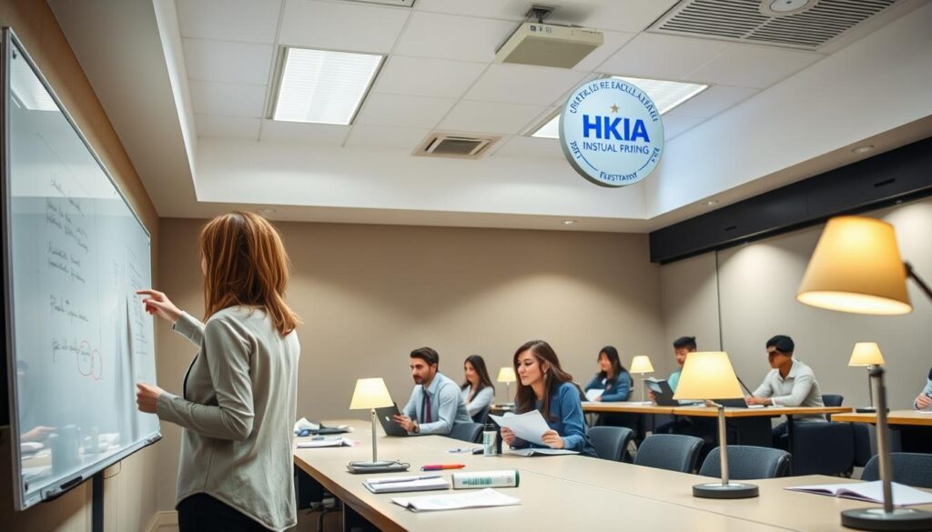 A well-lit classroom setting, with a group of students engaged in hands-on training for property casualty adjusting. In the foreground, a female instructor gestures towards a large whiteboard, explaining claims processing and loss assessment techniques. Mid-ground, students take notes and refer to insurance manuals, their faces illuminated by the warm glow of desk lamps. In the background, a HRIS-SKDA logo adorns the wall, signifying the institution's specialized insurance education programs. The overall atmosphere conveys a sense of professional development and practical learning.